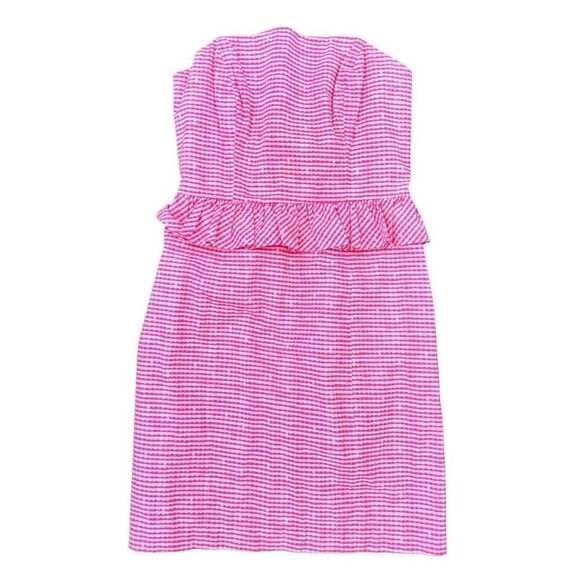 Lilly Pulitzer Lowe Dress Fiesta Pink Pretty Gingham Strapless Peplum Size 0 - Picture 6 of 6